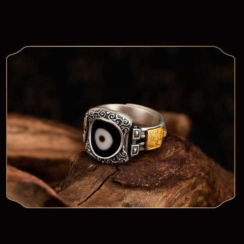 Anello di protezione con Buddha Stones Dzi in argento sterling 925 con design Zakiram della dea della ricchezza
