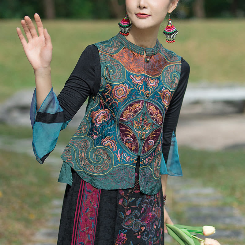 Gilet senza maniche con ricamo in stile vintage con Buddha Stones e fiori Tang - image 1