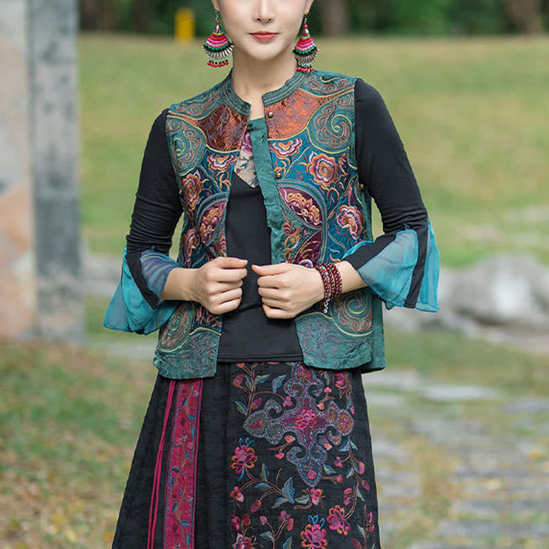 Gilet senza maniche con ricamo in stile vintage con Buddha Stones e fiori Tang - Verde (solo gilet) - 2XL(Busto 100 cm/Spalla 40 cm/Lunghezza 59 cm) - image 0