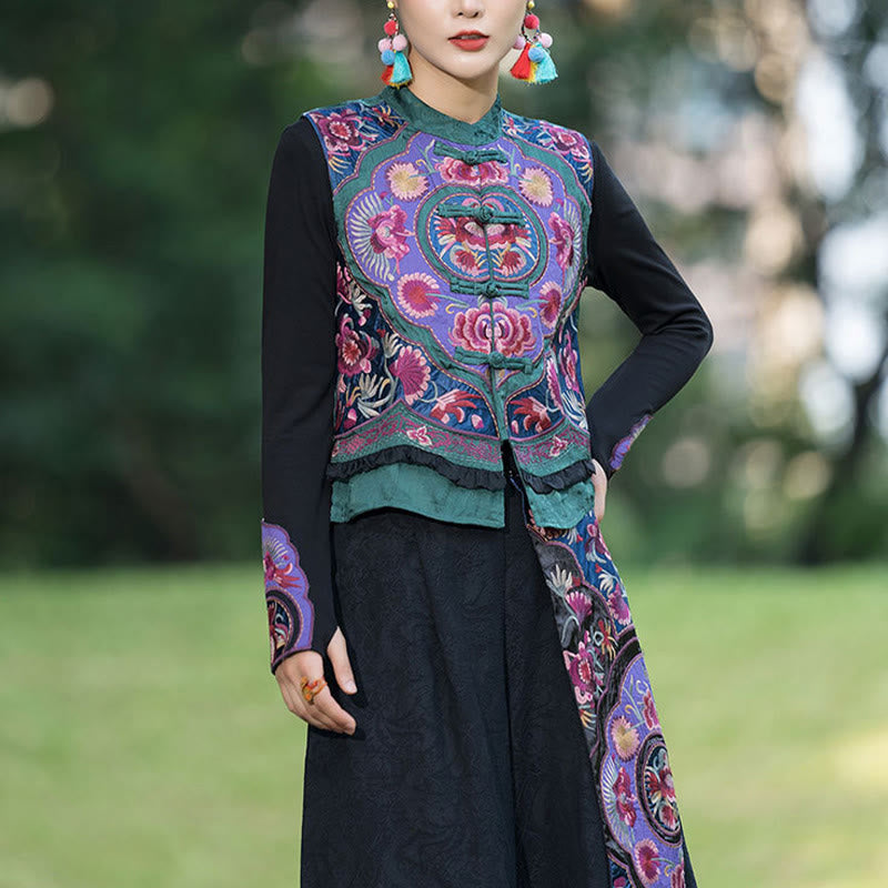 Buddha Stones Rana-Bottone Ricamo Fiori Cotone Lino Tang Suit Design Gilet Senza Maniche - image 3