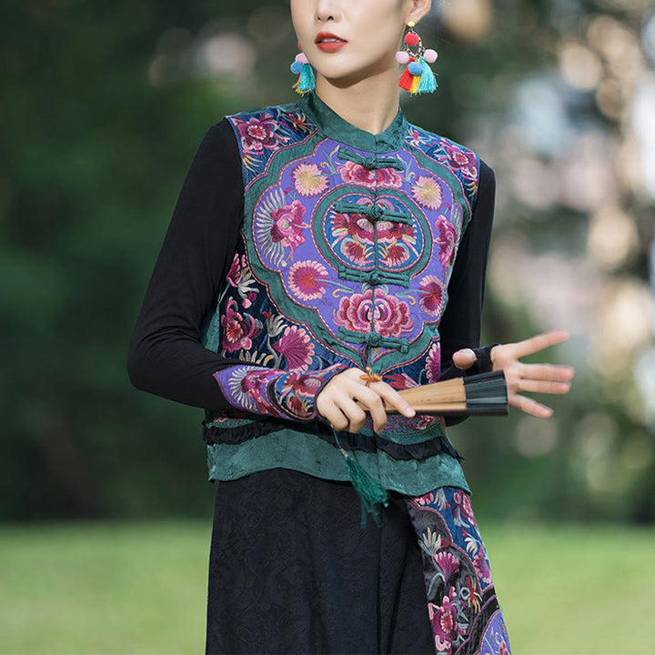 Buddha Stones Rana-Bottone Ricamo Fiori Cotone Lino Tang Suit Design Gilet Senza Maniche - US8-10, UK/AU12-14, EU40-42 (2XL)- (Solo gilet) - image 0