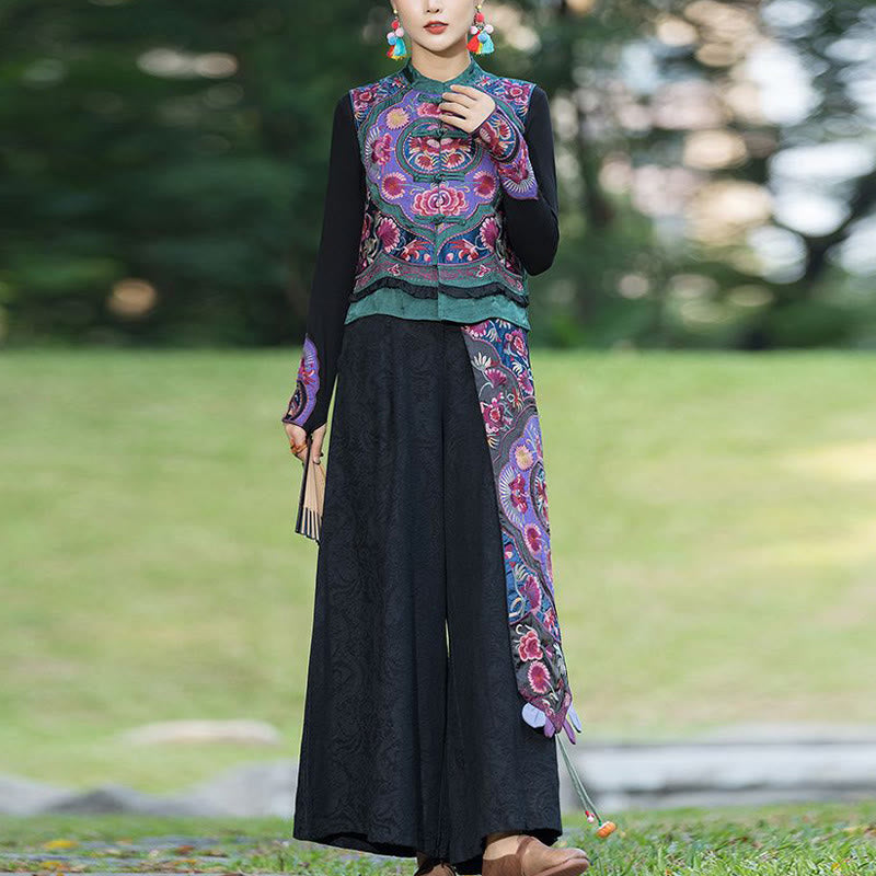 Buddha Stones Rana-Bottone Ricamo Fiori Cotone Lino Tang Suit Design Gilet Senza Maniche - image 5