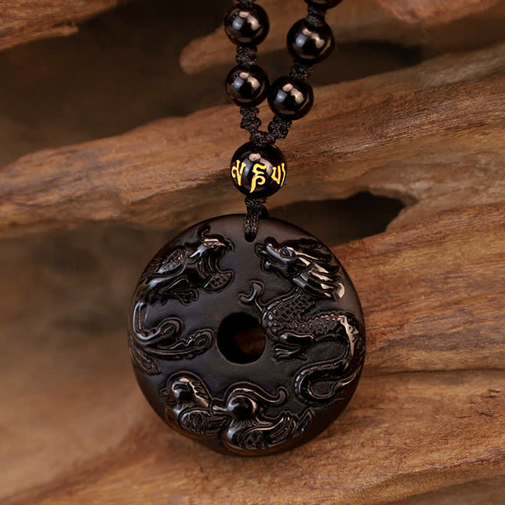 Buddha Stones Ossidiana nera Drago Fenice Mandarino Anatra Fortuna Protezione Collana Pendente