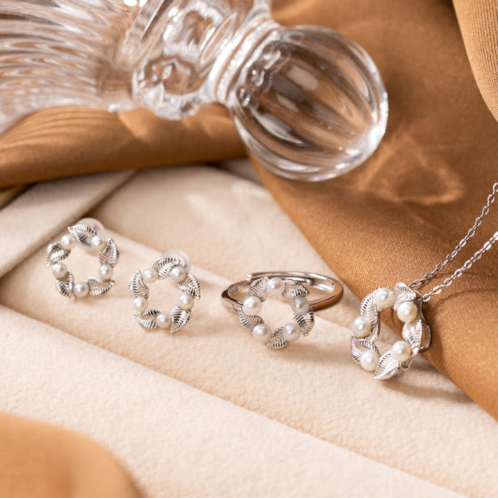 Buddha Stones 925 Sterling Silver Perla Foglia Design Guarigione Saggezza Collana Pendente Anello Orecchini Set