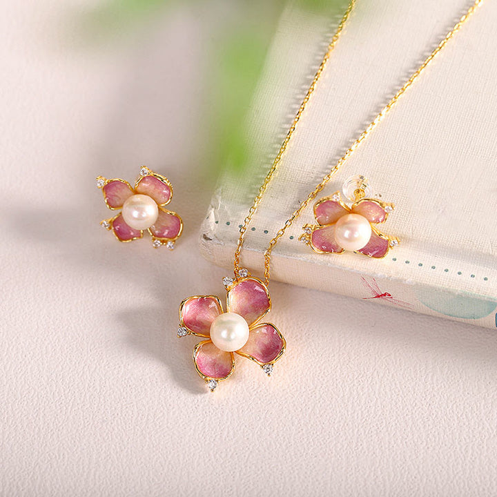 Buddha Stones 925 Sterling Silver Perla Petali di fiori rossi Design Saggezza Collana Ciondolo Orecchini Set