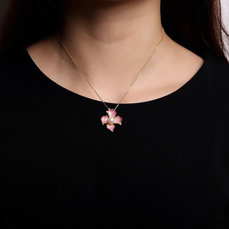 Buddha Stones 925 Sterling Silver Perla Petali di fiori rossi Design Saggezza Collana Ciondolo Orecchini Set