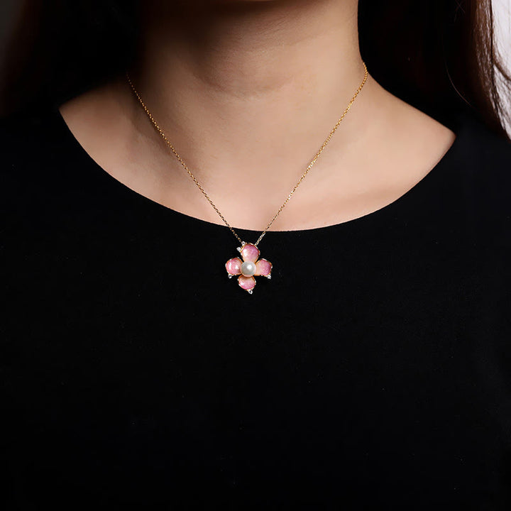 Buddha Stones 925 Sterling Silver Perla Petali di fiori rossi Design Saggezza Collana Ciondolo Orecchini Set