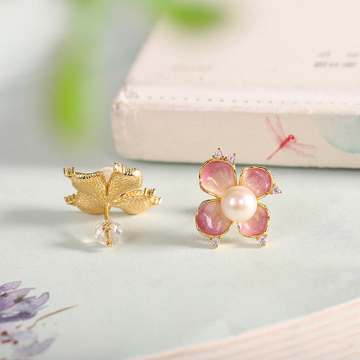 Buddha Stones 925 Sterling Silver Perla Petali di fiori rossi Design Saggezza Collana Ciondolo Orecchini Set