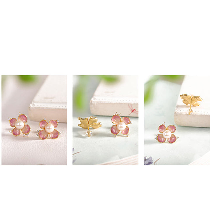 Buddha Stones 925 Sterling Silver Perla Petali di fiori rossi Design Saggezza Collana Ciondolo Orecchini Set