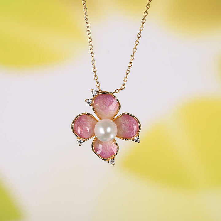 Buddha Stones 925 Sterling Silver Perla Petali di fiori rossi Design Saggezza Collana Ciondolo Orecchini Set