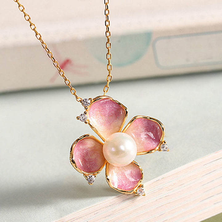 Buddha Stones 925 Sterling Silver Perla Petali di fiori rossi Design Saggezza Collana Ciondolo Orecchini Set