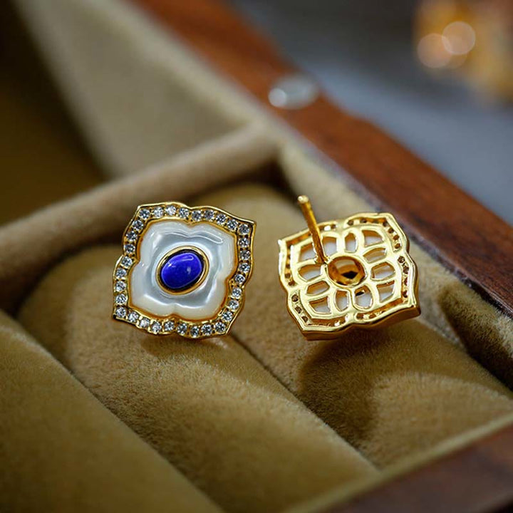 Buddha Stones 925 Sterling Silver Tridacna Pietra Lazurite Prismatico Design Benedizione Orecchini Collana Ciondolo Gioielli Set