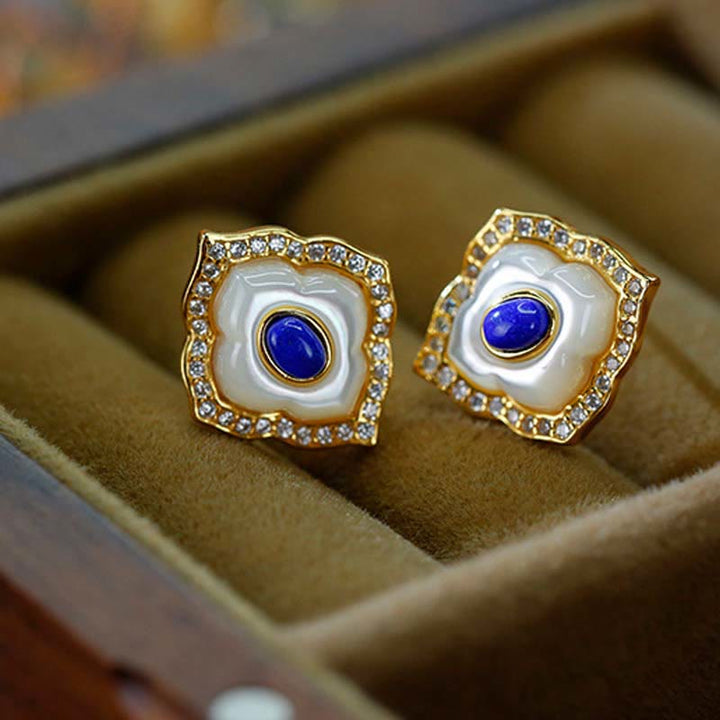 Buddha Stones 925 Sterling Silver Tridacna Pietra Lazurite Prismatico Design Benedizione Orecchini Collana Ciondolo Gioielli Set