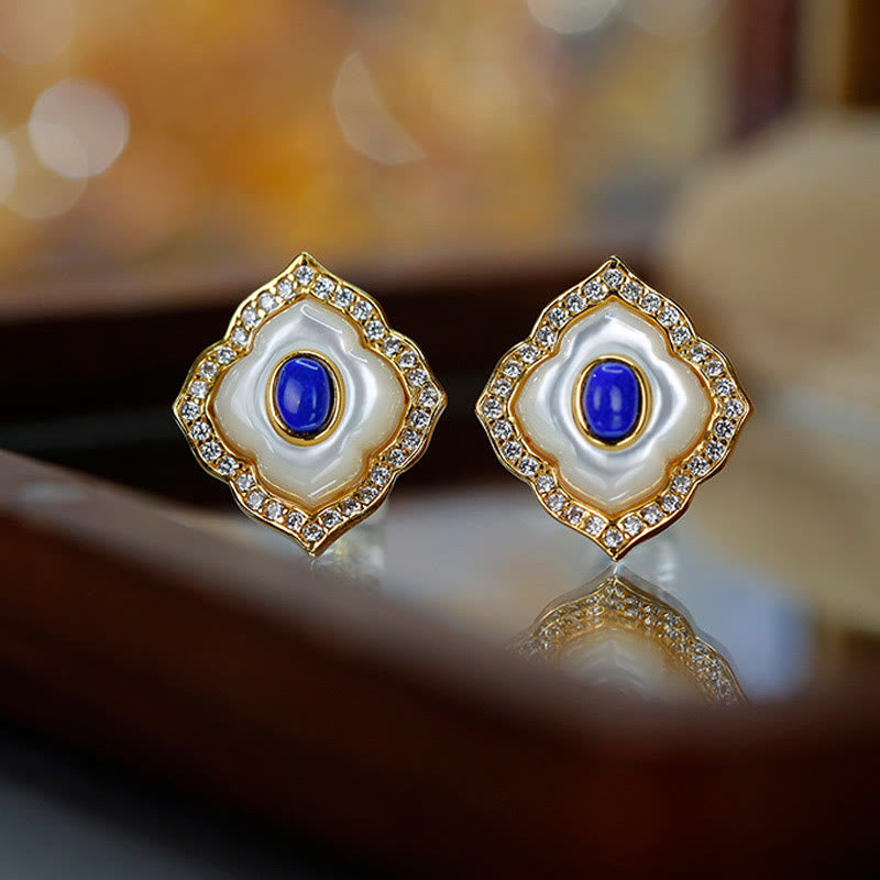 Buddha Stones 925 Sterling Silver Tridacna Pietra Lazurite Prismatico Design Benedizione Orecchini Collana Ciondolo Gioielli Set