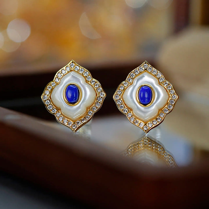 Buddha Stones 925 Sterling Silver Tridacna Pietra Lazurite Prismatico Design Benedizione Orecchini Collana Ciondolo Gioielli Set