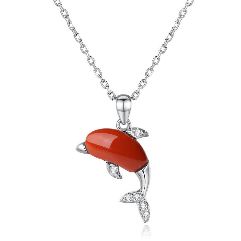 Buddha Stones 925 Sterling Silver Carino Delfino Hetian Giada Agata Rossa Fortuna Collana Ciondolo Anello Orecchini Set