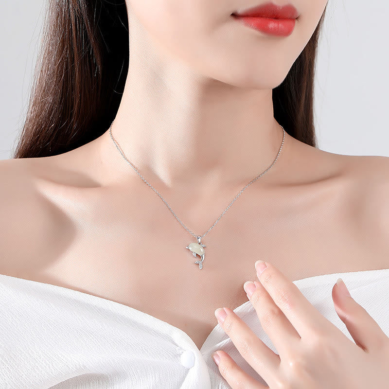 Buddha Stones 925 Sterling Silver Carino Delfino Hetian Giada Agata Rossa Fortuna Collana Ciondolo Anello Orecchini Set