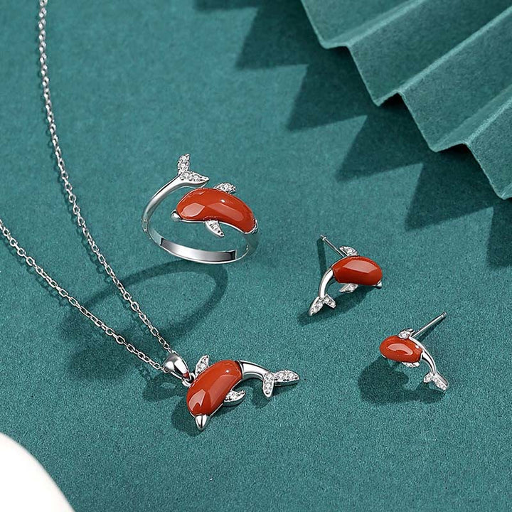 Buddha Stones 925 Sterling Silver Carino Delfino Hetian Giada Agata Rossa Fortuna Collana Ciondolo Anello Orecchini Set