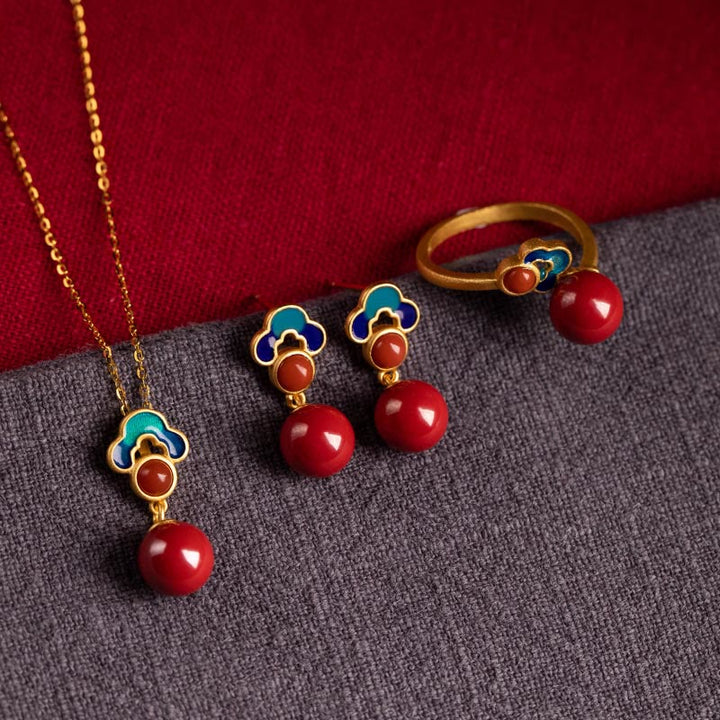 Buddha Stones 925 Sterling Silver Placcato Oro Cinabro Agata Rossa Benedizione Collana Pendente Orecchini Anello Set
