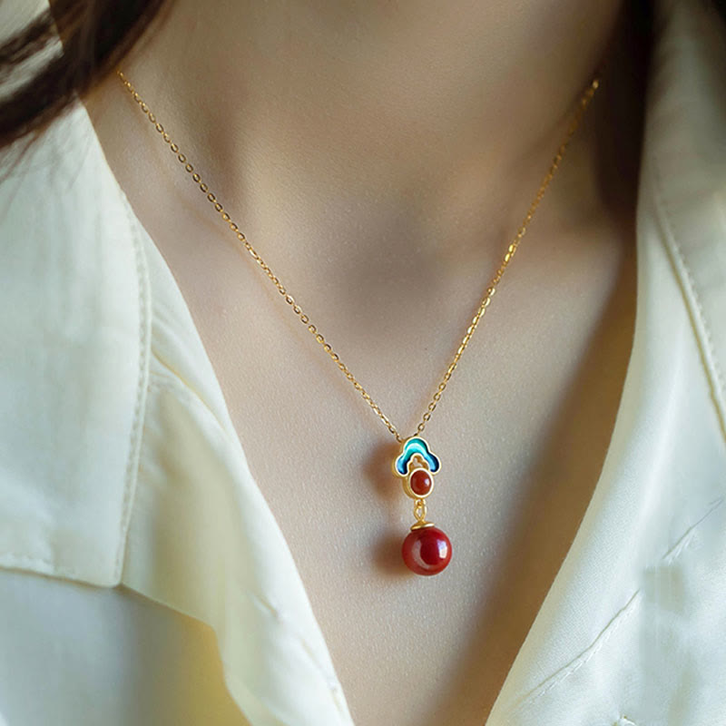 Buddha Stones 925 Sterling Silver Placcato Oro Cinabro Agata Rossa Benedizione Collana Pendente Orecchini Anello Set