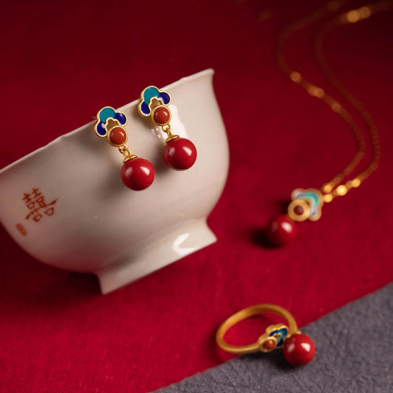 Buddha Stones 925 Sterling Silver Placcato Oro Cinabro Agata Rossa Benedizione Collana Pendente Orecchini Anello Set
