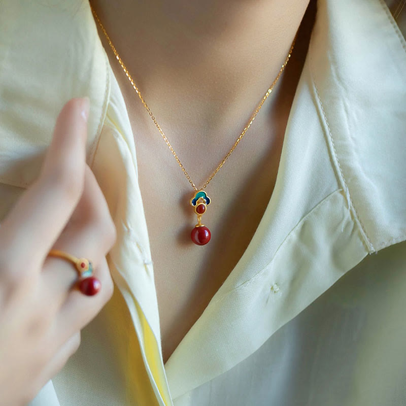 Buddha Stones 925 Sterling Silver Placcato Oro Cinabro Agata Rossa Benedizione Collana Pendente Orecchini Anello Set