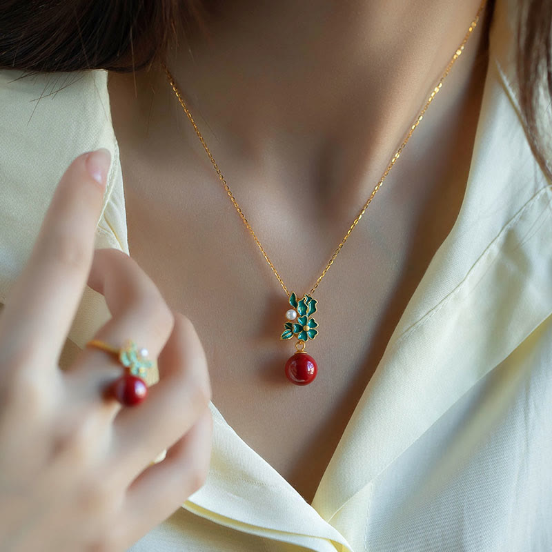 Buddha Stones 925 Sterling Silver Placcato Oro Cinabro Perla Fiore Benedizione Collana Pendente Orecchini Anello Set