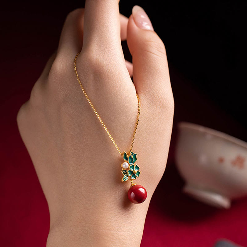 Buddha Stones 925 Sterling Silver Placcato Oro Cinabro Perla Fiore Benedizione Collana Pendente Orecchini Anello Set