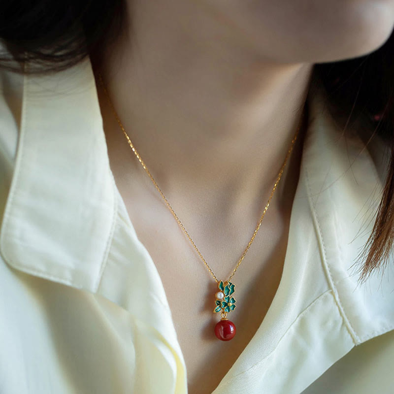 Buddha Stones 925 Sterling Silver Placcato Oro Cinabro Perla Fiore Benedizione Collana Pendente Orecchini Anello Set