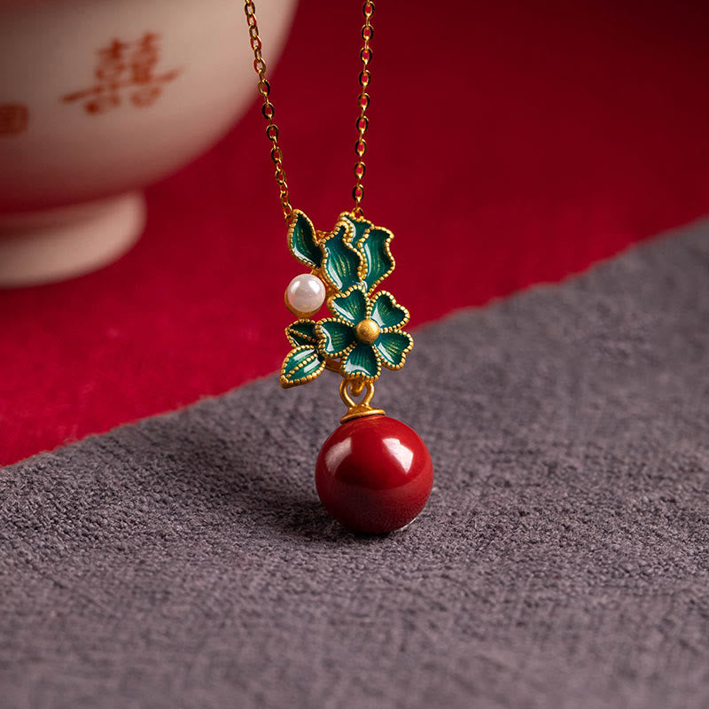 Buddha Stones 925 Sterling Silver Placcato Oro Cinabro Perla Fiore Benedizione Collana Pendente Orecchini Anello Set