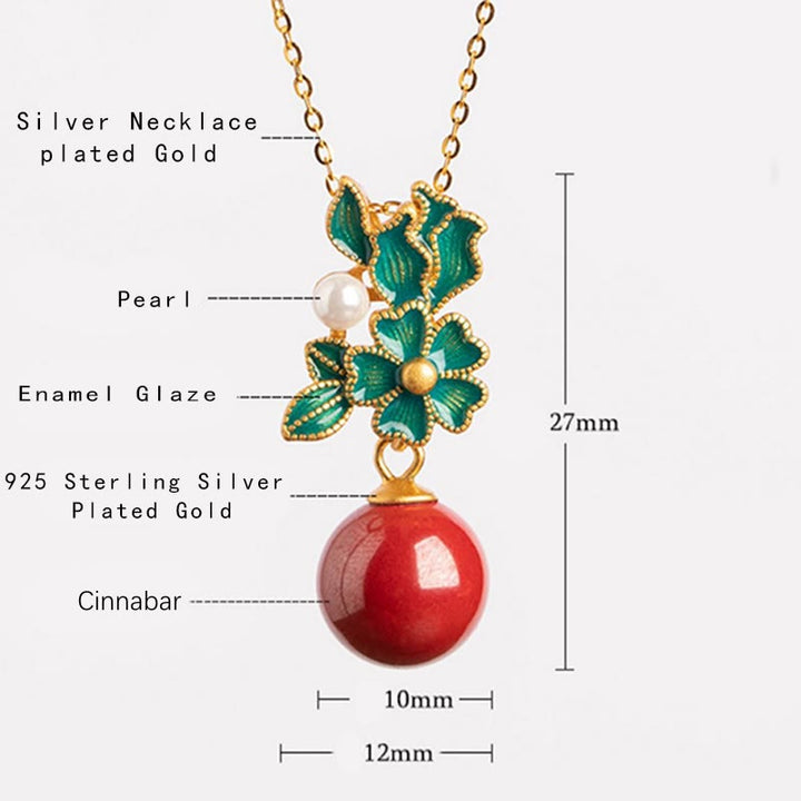 Buddha Stones 925 Sterling Silver Placcato Oro Cinabro Perla Fiore Benedizione Collana Pendente Orecchini Anello Set