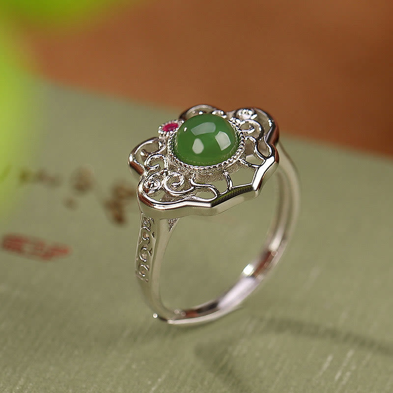 Set di orecchini con anello portafortuna in giada ciano naturale Hetian in argento sterling 925 con design cavo Buddha Stones