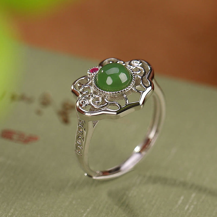 Set di orecchini con anello portafortuna in giada ciano naturale Hetian in argento sterling 925 con design cavo Buddha Stones