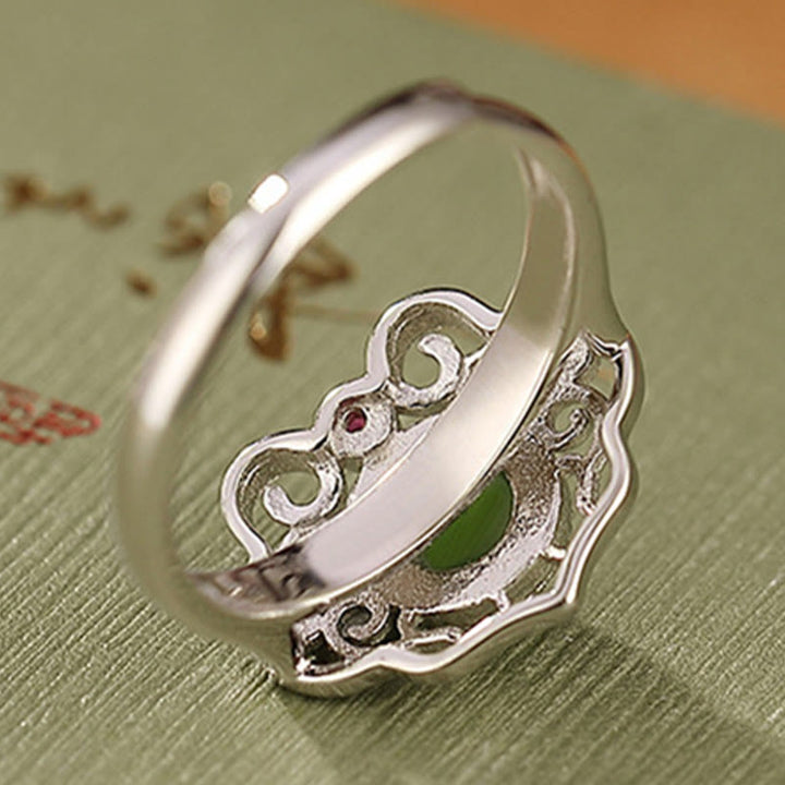 Set di orecchini con anello portafortuna in giada ciano naturale Hetian in argento sterling 925 con design cavo Buddha Stones