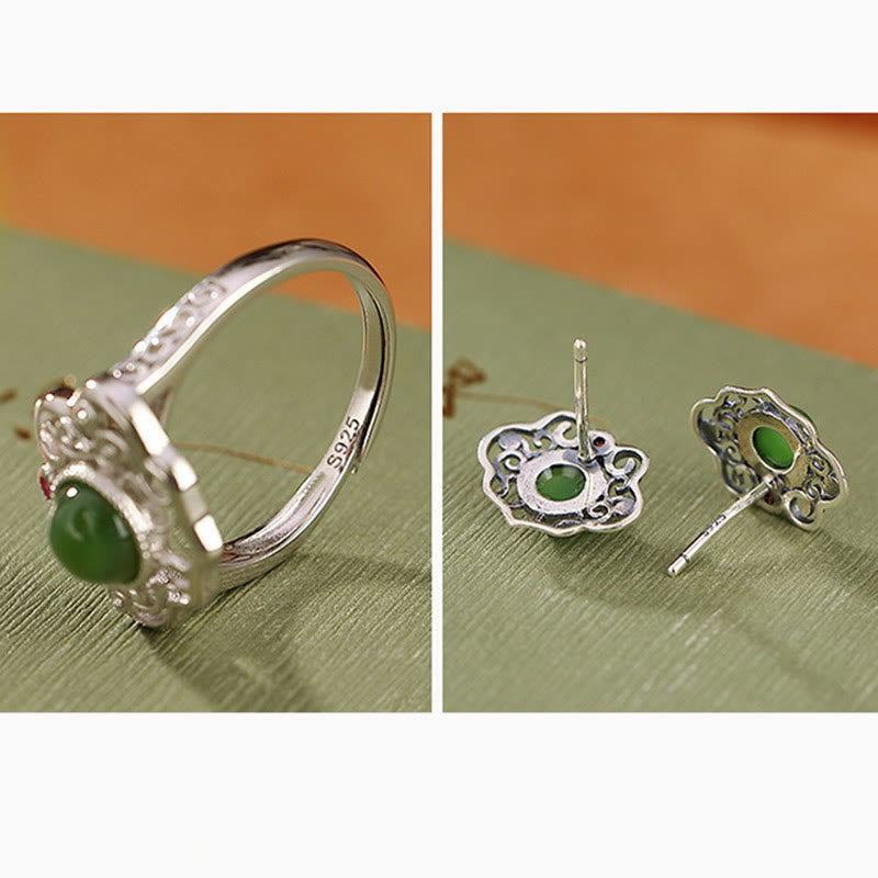 Set di orecchini con anello portafortuna in giada ciano naturale Hetian in argento sterling 925 con design cavo Buddha Stones
