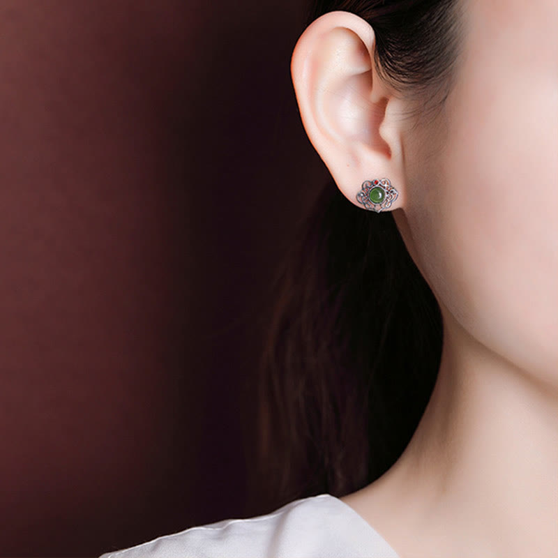 Set di orecchini con anello portafortuna in giada ciano naturale Hetian in argento sterling 925 con design cavo Buddha Stones