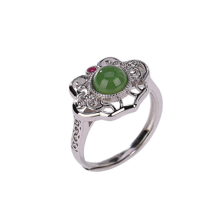 Set di orecchini con anello portafortuna in giada ciano naturale Hetian in argento sterling 925 con design cavo Buddha Stones
