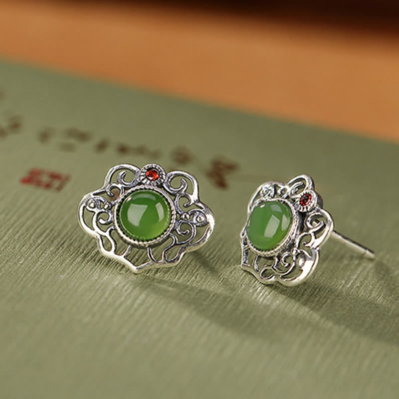 Set di orecchini con anello portafortuna in giada ciano naturale Hetian in argento sterling 925 con design cavo Buddha Stones