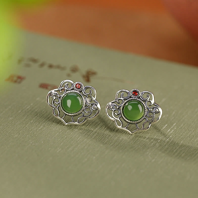 Set di orecchini con anello portafortuna in giada ciano naturale Hetian in argento sterling 925 con design cavo Buddha Stones
