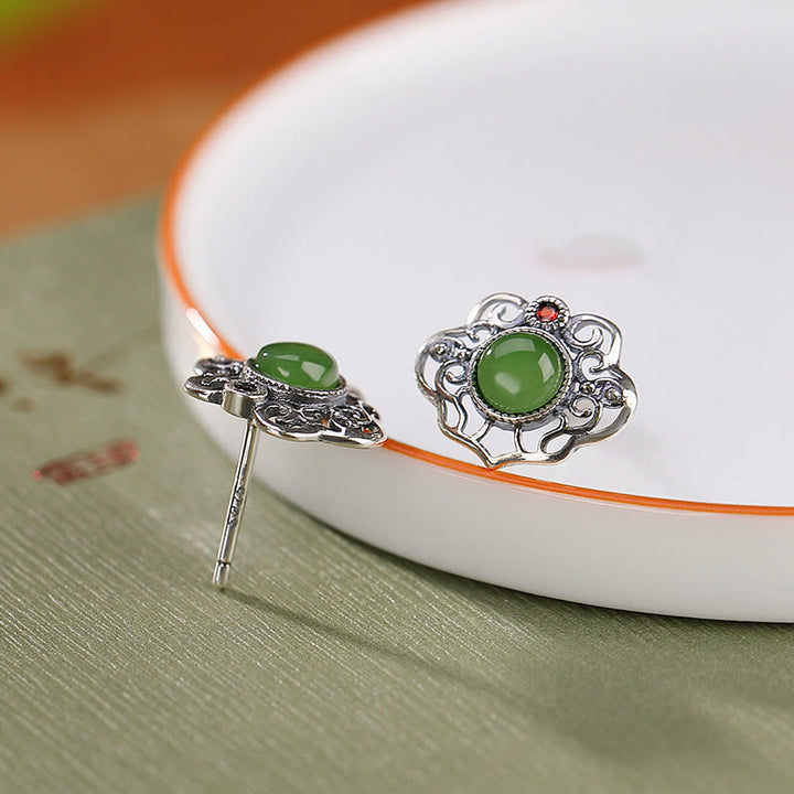 Set di orecchini con anello portafortuna in giada ciano naturale Hetian in argento sterling 925 con design cavo Buddha Stones