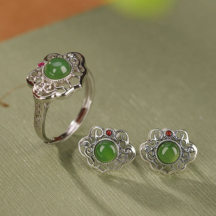 Set di orecchini con anello portafortuna in giada ciano naturale Hetian in argento sterling 925 con design cavo Buddha Stones