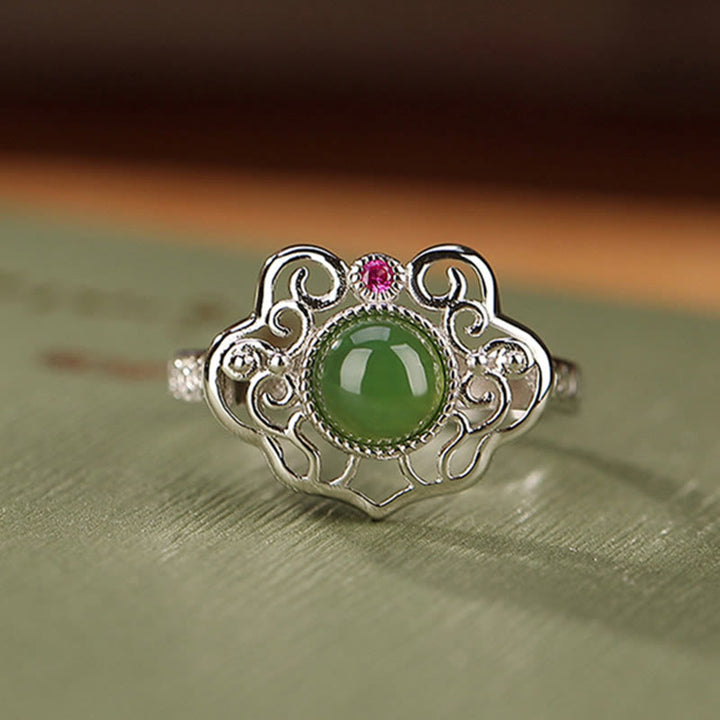 Set di orecchini con anello portafortuna in giada ciano naturale Hetian in argento sterling 925 con design cavo Buddha Stones