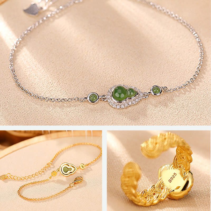 Buddha Stones 925 Sterling Silver Placcato Oro Naturale Hetian Ciano Giada Zucca Bracciale Anello Portafortuna Set