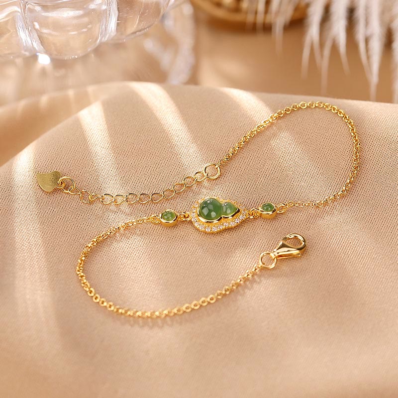 Buddha Stones 925 Sterling Silver Placcato Oro Naturale Hetian Ciano Giada Zucca Bracciale Anello Portafortuna Set