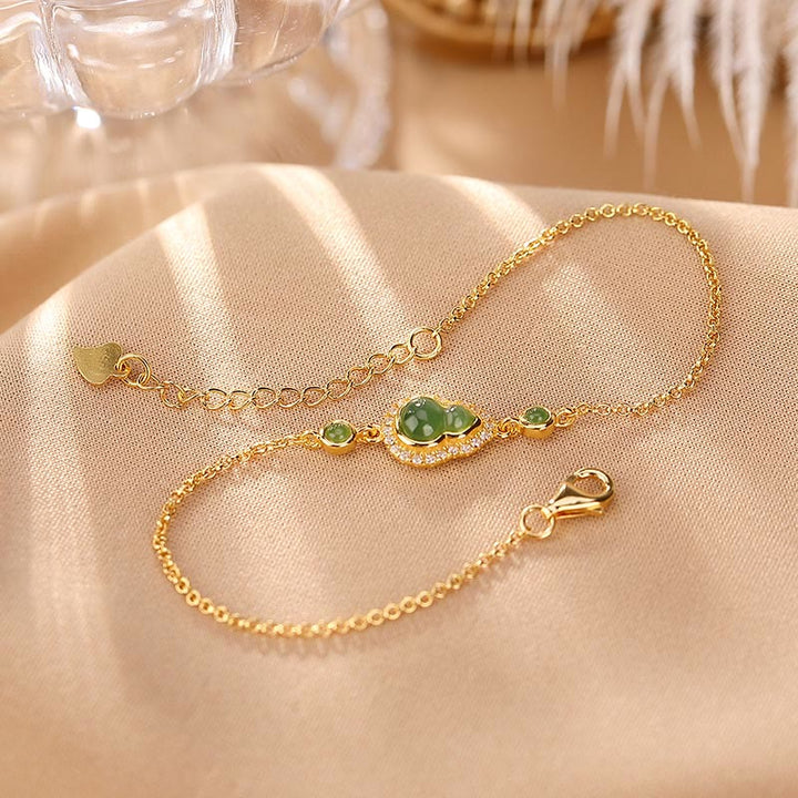 Buddha Stones 925 Sterling Silver Placcato Oro Naturale Hetian Ciano Giada Zucca Bracciale Anello Portafortuna Set