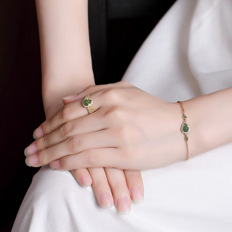 Buddha Stones 925 Sterling Silver Placcato Oro Naturale Hetian Ciano Giada Zucca Bracciale Anello Portafortuna Set