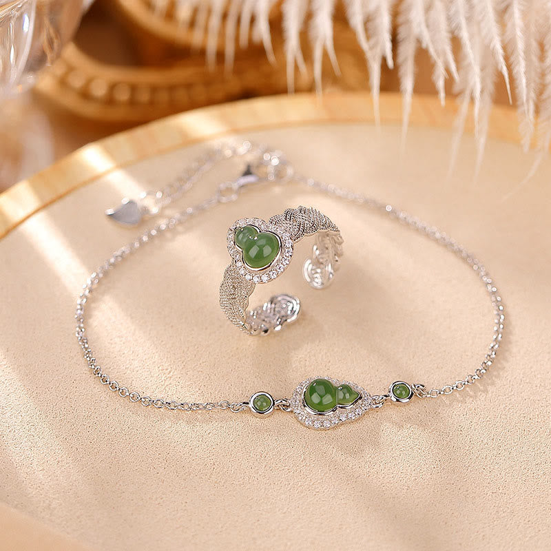 Buddha Stones 925 Sterling Silver Placcato Oro Naturale Hetian Ciano Giada Zucca Bracciale Anello Portafortuna Set
