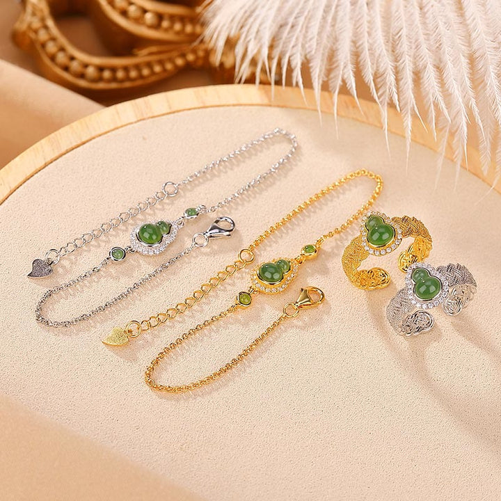 Buddha Stones 925 Sterling Silver Placcato Oro Naturale Hetian Ciano Giada Zucca Bracciale Anello Portafortuna Set