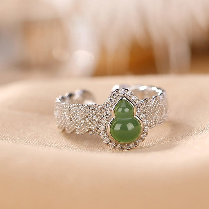 Buddha Stones 925 Sterling Silver Placcato Oro Naturale Hetian Ciano Giada Zucca Bracciale Anello Portafortuna Set