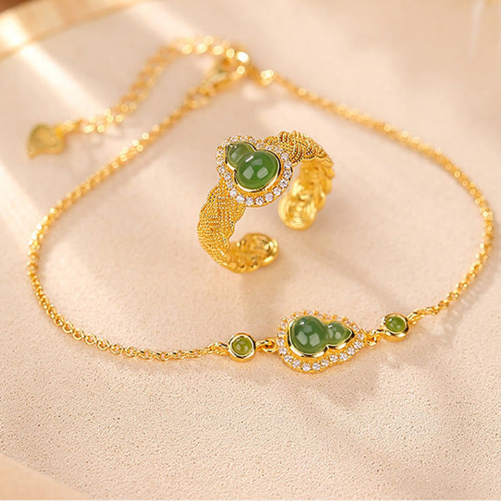 Buddha Stones 925 Sterling Silver Placcato Oro Naturale Hetian Ciano Giada Zucca Bracciale Anello Portafortuna Set